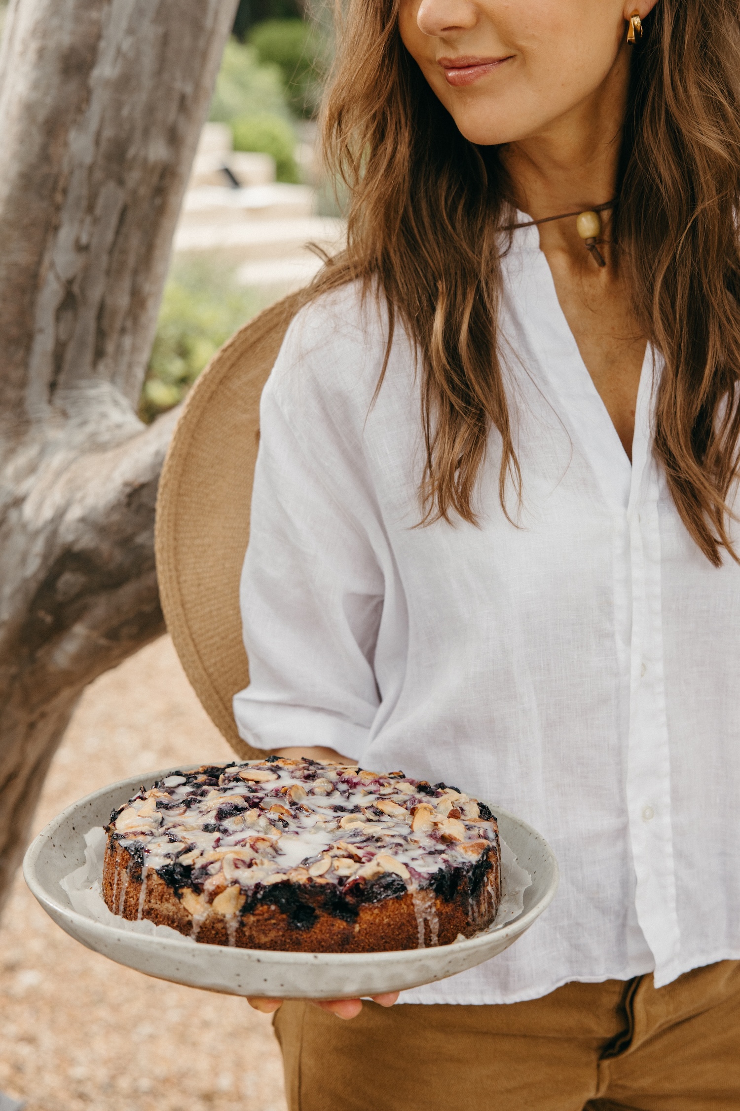 blueberry cornmeal cake with almond crumble and lemon glaze