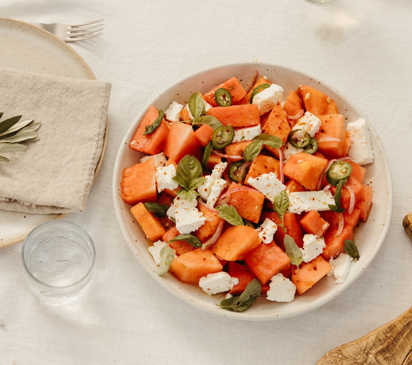watermelon salad on table_spicy watermelon feta salad
