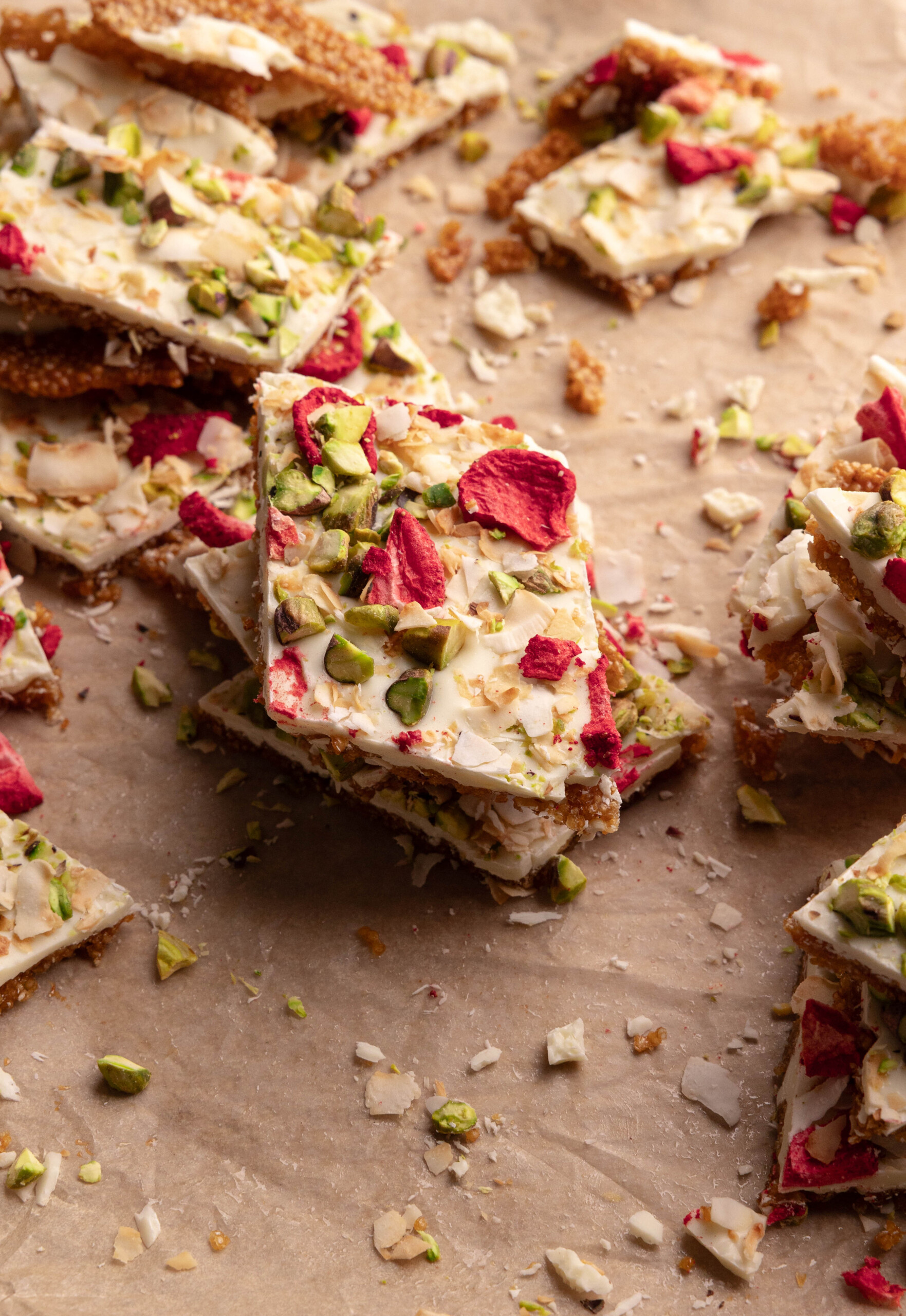 Puffed Quinoa white Chocolate Bark with pistachios