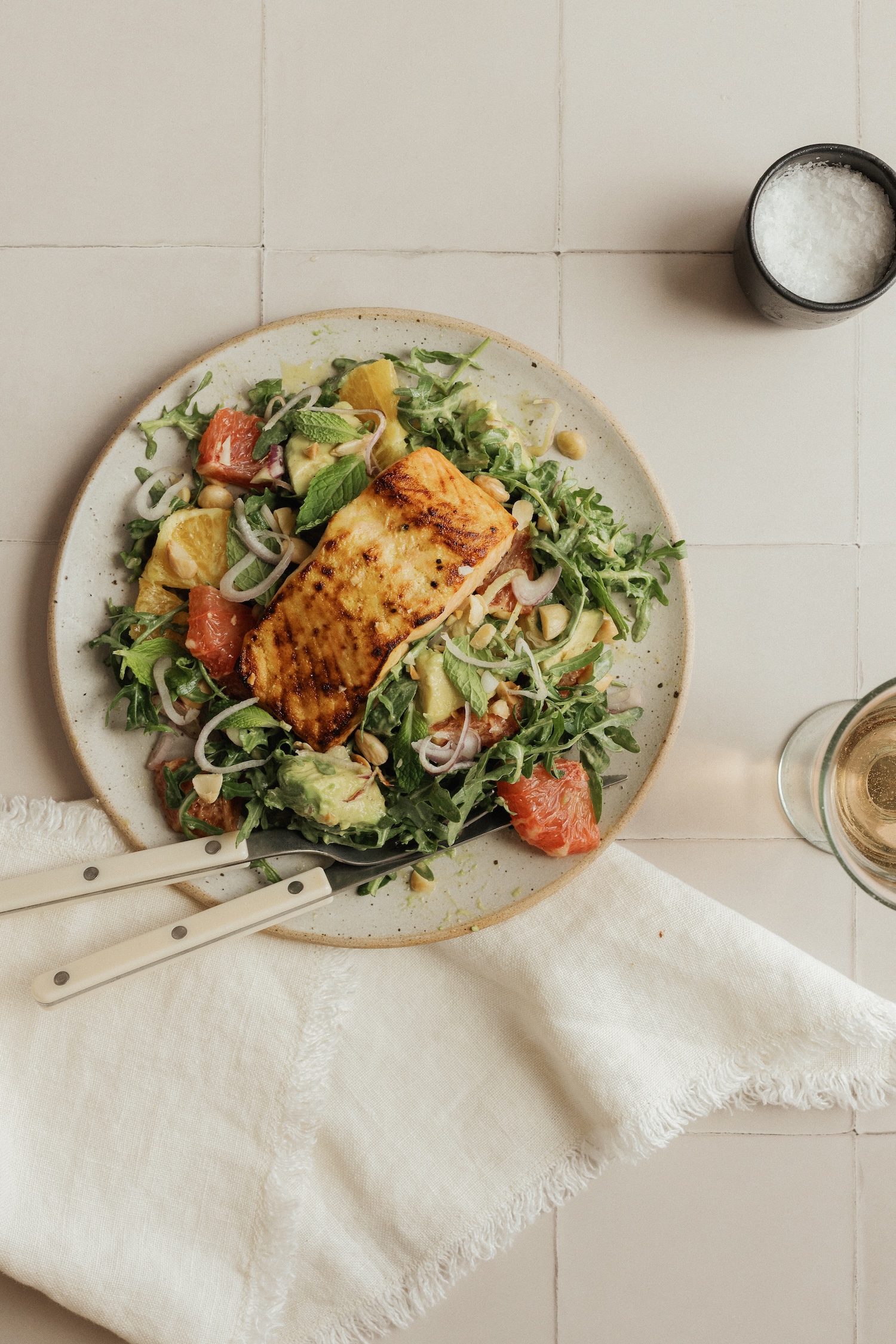 citrus salmon salad with avocado, yellow shirt_best foods for hair health