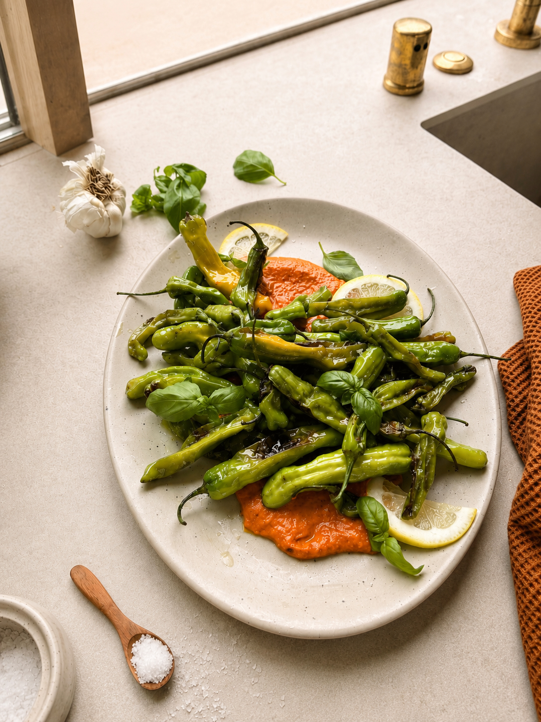 Charred Shishitos with Romesco, Lemon & Herbs