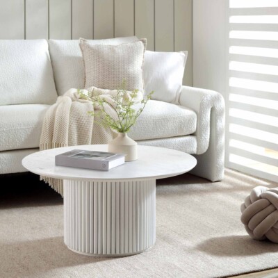 Maru Round Oak Pedestal Coffee Table, Washed White